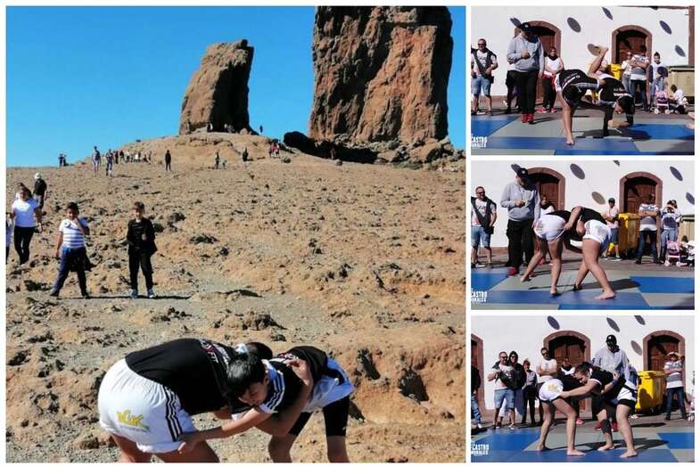 Momentos de la exhibición de lucha canaria en Tejeda, este domingo (Foto Antonio Alí)